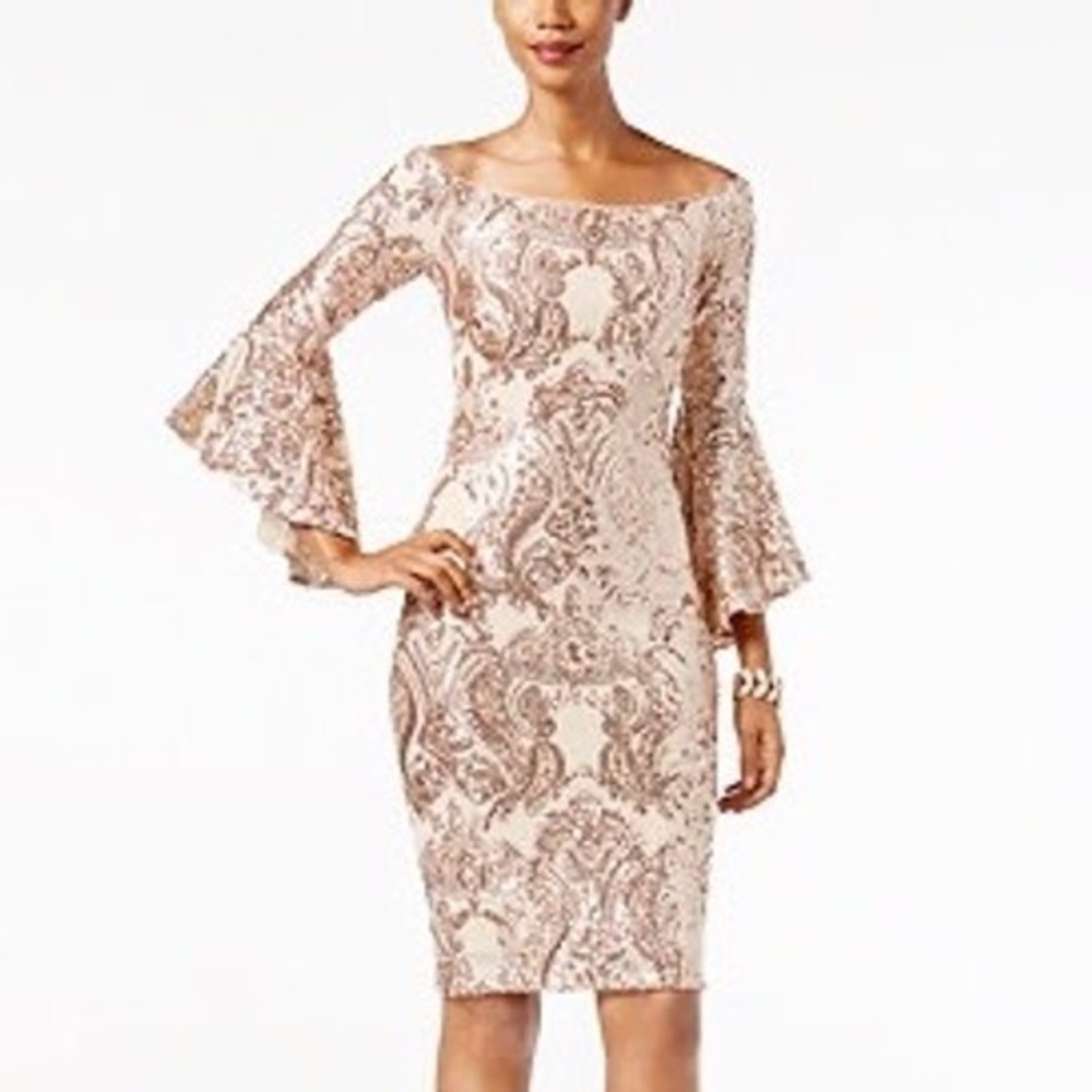 Betsy & Adam Rose Gold Sequin Off Shoulder Bell Sleeve Sheath Dress Size 2